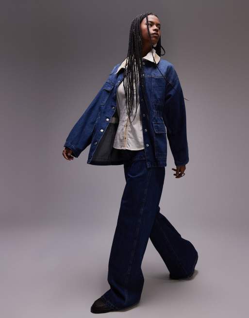 Topshop – Mellanblå arbetsjacka i denim med elastisk midja och manchesterkrage, 3 av 4