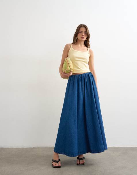 Topshop – Mellanblå cirkelkjol i denim med resårmidja - view 1