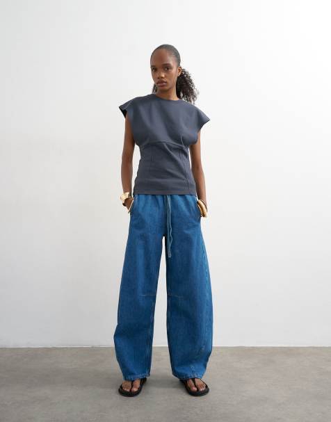 Topshop – Mellanblå jeans med barrelben och resårmidja - view 1