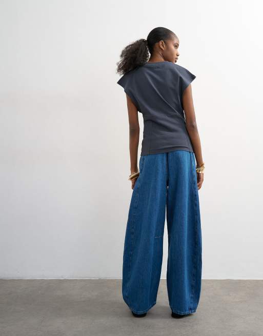 Topshop – Mellanblå jeans med barrelben och resårmidja, 4 av 7