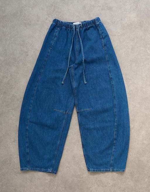 Topshop – Mellanblå jeans med barrelben och resårmidja, 6 av 7