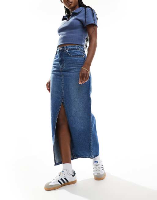 Topshop – Mellanblå jeanskjol i midilängd med slits framtill