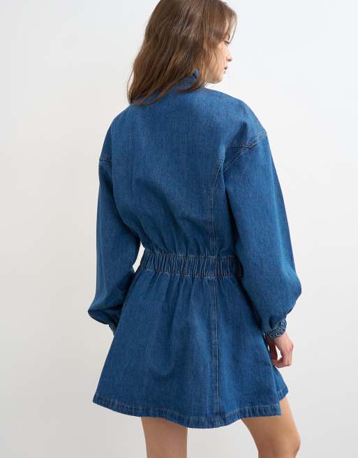 Topshop – Mellanblå jeansklänning i minilängd med ståkrage, 4 av 4