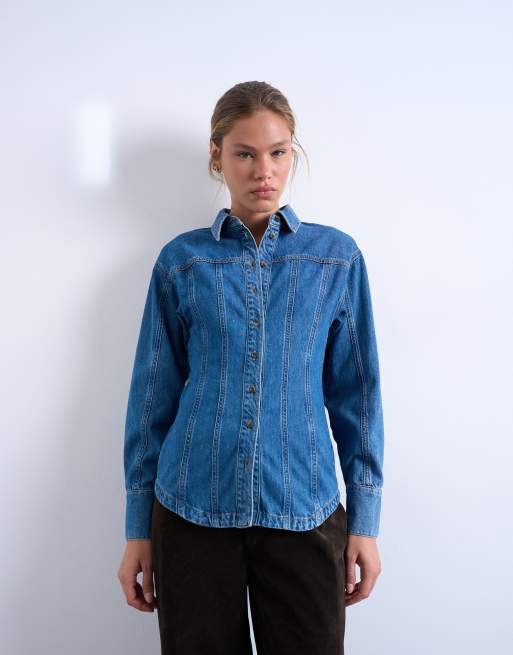 Topshop – Mellanblå jeansskjorta med markerad midja och dekorativ söm