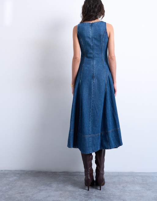 Topshop – Mellanblå maxiklänning i denim med sänkt midja och dekorativ söm, 2 av 4