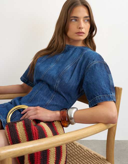 Topshop – Mellanblå miniklänning i denim med korta ärmar, 2 av 4