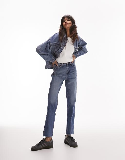 Topshop – Mellanblå, raka jeans med råskuren fåll och medelhög midja, 2 av 5