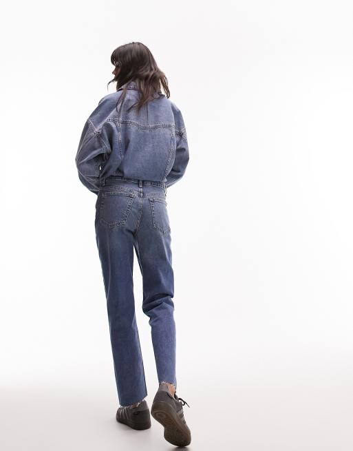 Topshop – Mellanblå, raka jeans med råskuren fåll och medelhög midja, 4 av 5