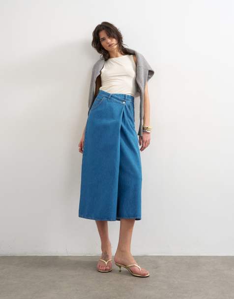 Topshop – Mellanblå, rund midikjol i denim med omlottdesign - view 1