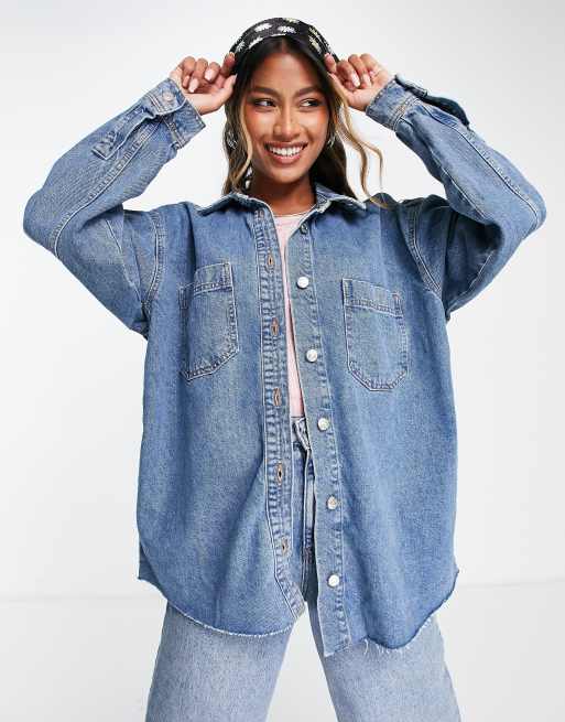 Topshop – Mellanblå skjortjacka med råskuren fåll och tvättad finish
