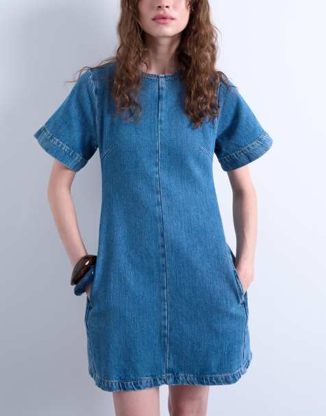 Topshop – Mellanblå, strukturerad miniklänning i denim med korta ärmar - view 1