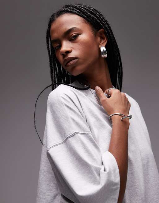 Topshop – Mellangrå, melerad t-shirt i oversize med sänkt axelsöm, 2 av 4