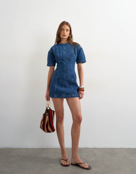 Topshop - Mellemblå kortærmet minikjole i denim - view 1