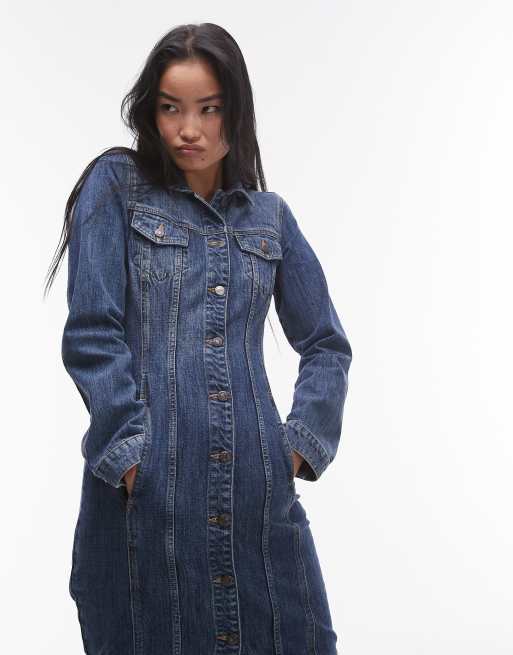 Topshop - Mellemblå langærmet maxikjole med justerbar detalje på ryggen i denim