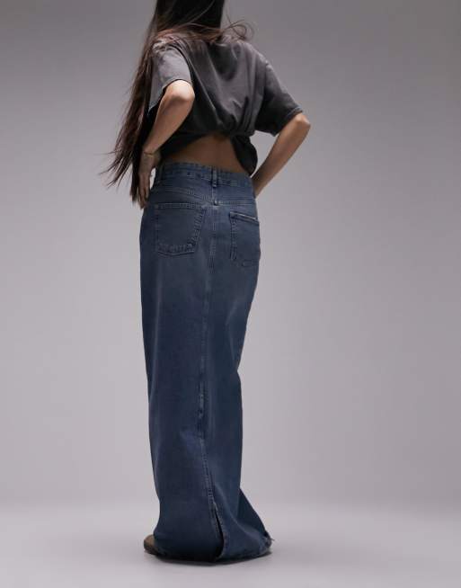 Topshop - Mellemblå lavtaljet 00'er maxinederdel i denim , 2 af 4