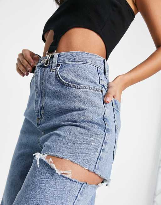 Topshop - Mellemblå løstsiddende jeans med slid på siden, 3 af 4