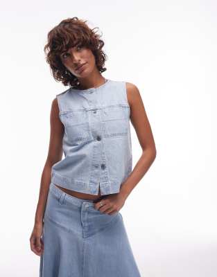 Topshop - Mellemblå shell-top i denim med knapper - view 1
