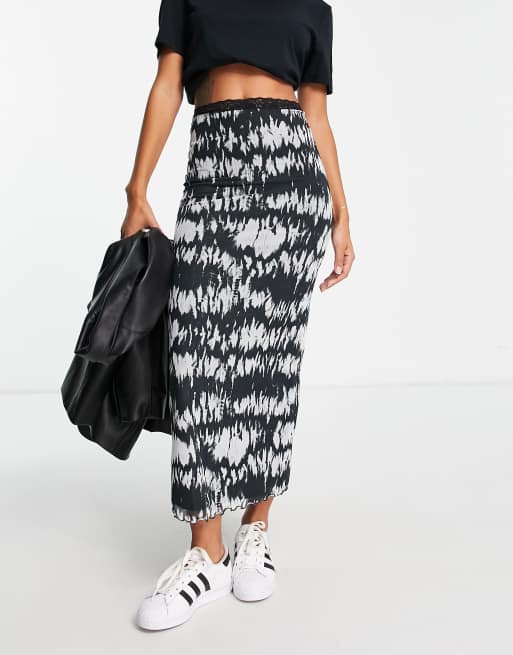 Topshop mesh animal blur print midi skirt in monochrome