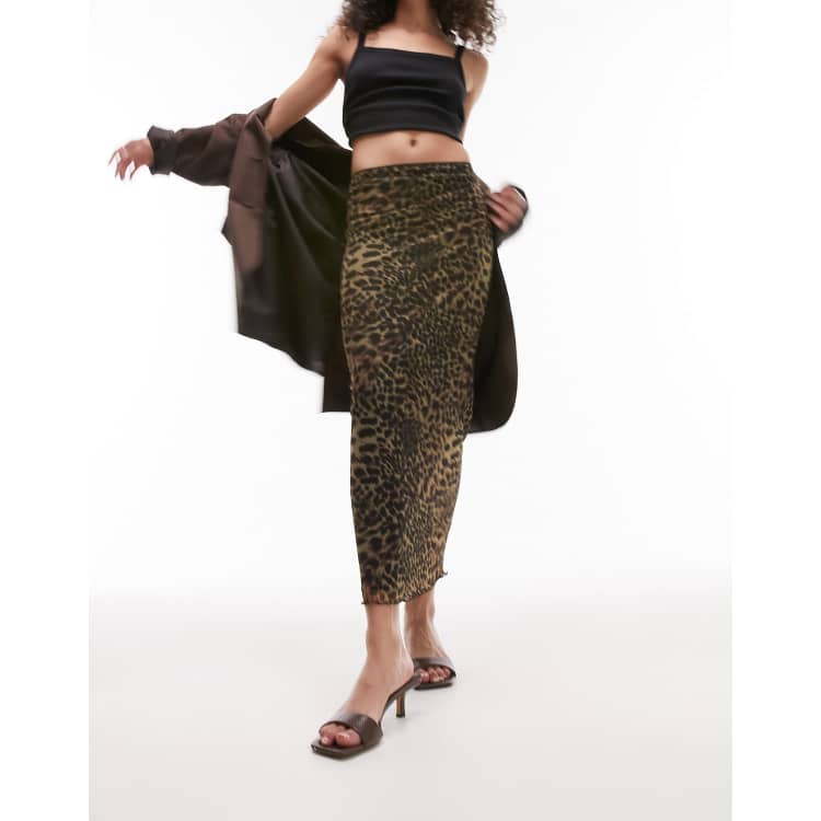 Topshop mesh animal printed midi skirt in brown