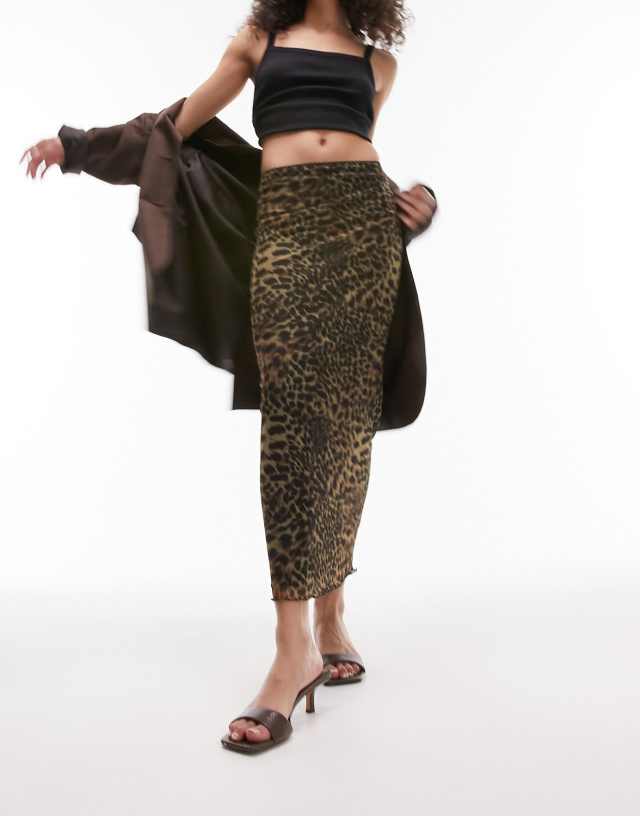 Topshop mesh animal printed midi skirt in brown