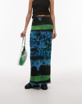 Topshop mesh animal with contrast lime trim midi skirt in multi