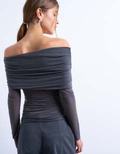 Model wearing Mesh bardot fold over long sleeve top in grey