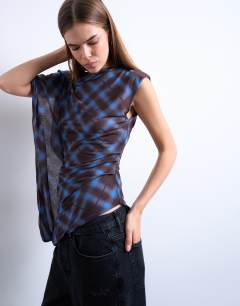 Mesh check print asymmetric one sleeve top in chocolate