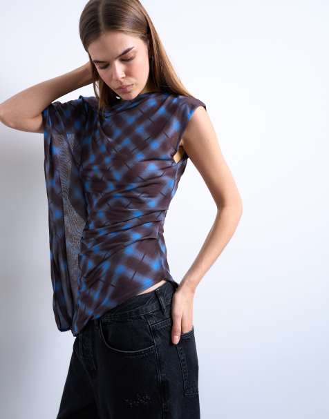 Topshop mesh check print asymmetric one sleeve top in chocolate