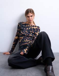 Mesh cowl neck tortoise shell animal print long sleeve top in black