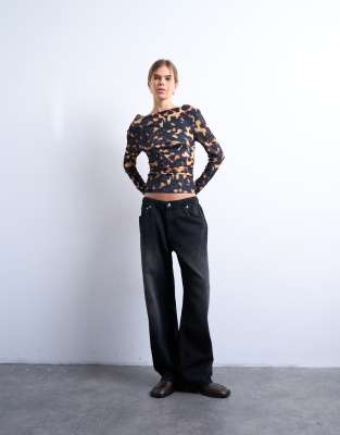 Topshop Mesh Cowl Neck Tortoise Shell Print Long Sleeve Top In Black