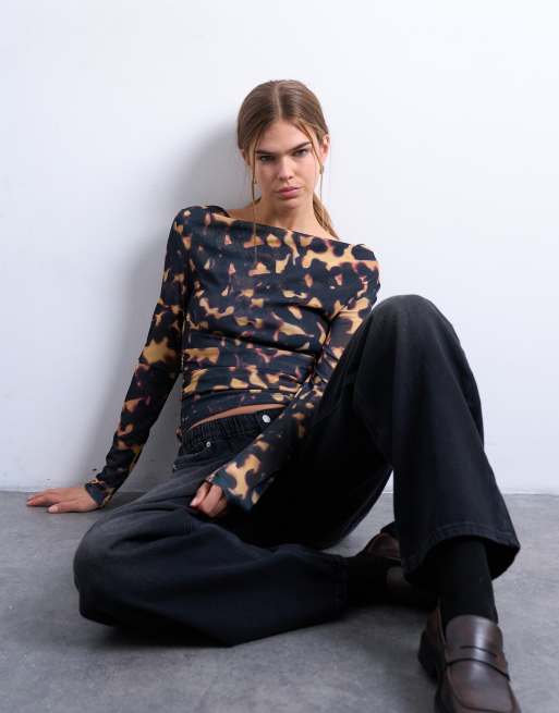 Topshop mesh cowl neck tortoise shell print long sleeve top in black