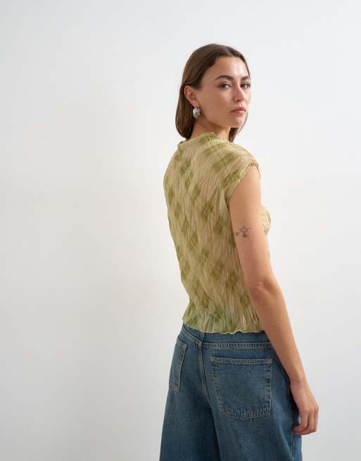 Topshop mesh crinkle fitted tee in check print, 4 of 4