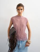 Topshop mesh crinkle fitted tee in pale mauve