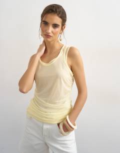 Model wearing Mesh double layer ruched top in buttermilk