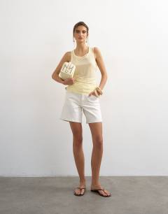 Model wearing Mesh double layer ruched top in buttermilk