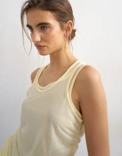 Model wearing Mesh double layer ruched top in buttermilk
