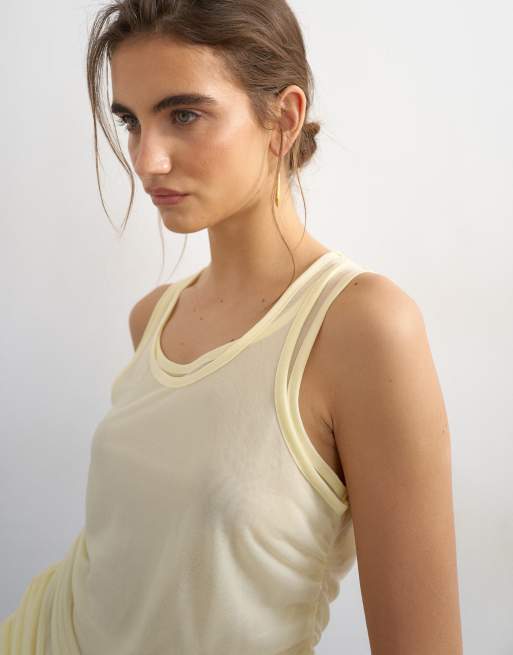 Topshop mesh double layer ruched top in buttermilk, 3 of 4