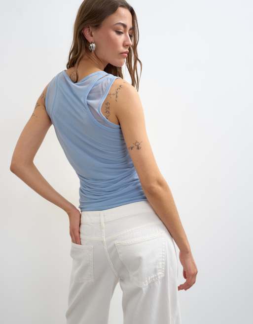 Topshop mesh double layer ruched top in dusty blue, 2 of 4