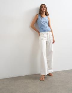 Model wearing Mesh double layer ruched top in dusty blue