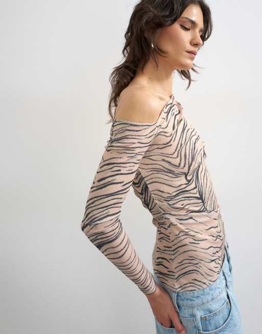Topshop mesh fallen shoulder long sleeve top in animal print, 3 of 4