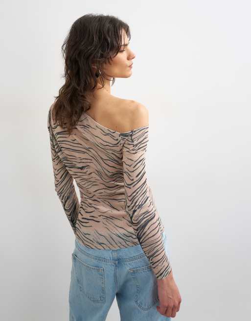 Topshop mesh fallen shoulder long sleeve top in animal print, 4 of 4