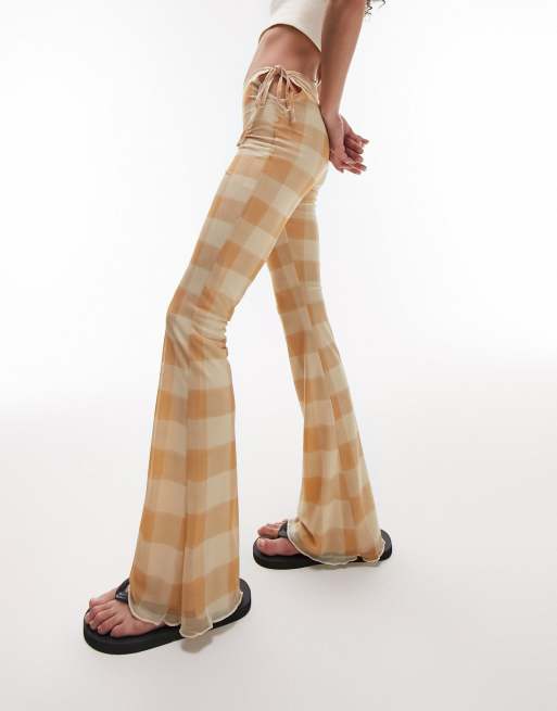 Topshop mesh flared pants with tie side details in beige check