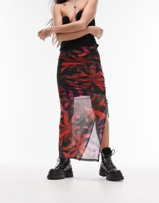 Topshop mesh floral blurred print midi skirt in red and black-Multi