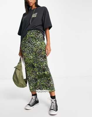 green floral mesh midi skirt