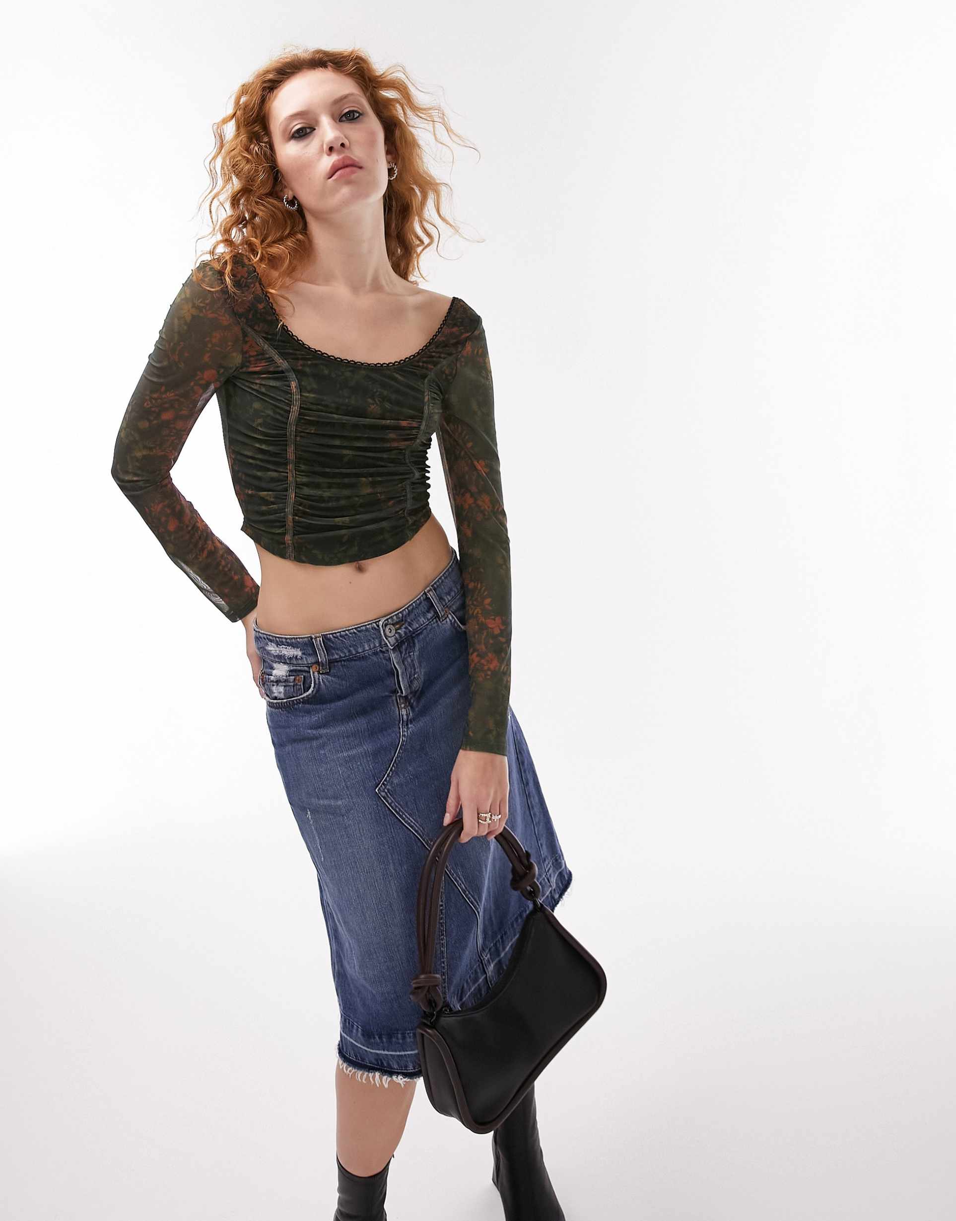 Topshop mesh floral long sleeve corset top in multi view 3