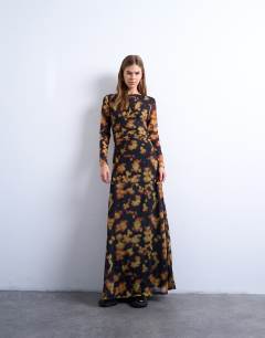 Model wearing Mesh floral print long sleeve maxi dress in black