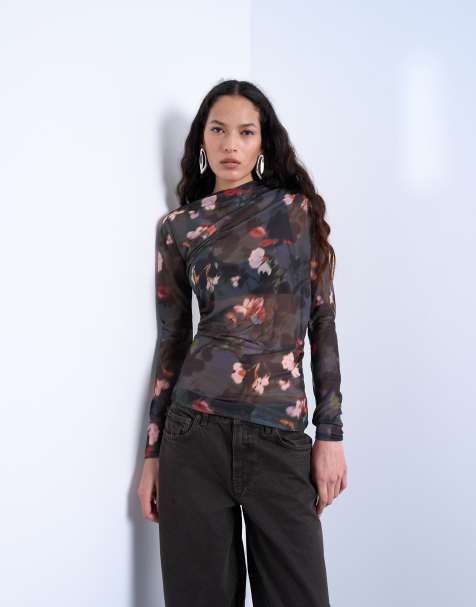 Topshop mesh floral print ruched long sleeve top in black - view 1
