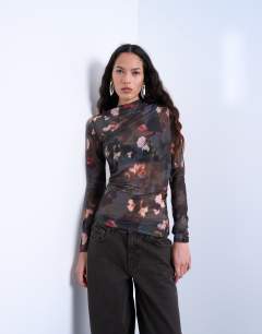 Mesh floral print ruched long sleeve top in black