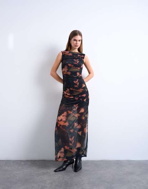 Topshop mesh floral print ruched maxi dress in black - view 1