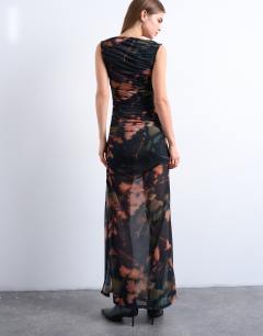 Model wearing Mesh floral print ruched maxi dress in black
